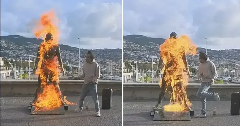 حادث غريب.. أضرم النار في تمثال كريستيانو رونالدو أمام متحف CR7 وكتب “هذا هو التحذير الأخير من الله”